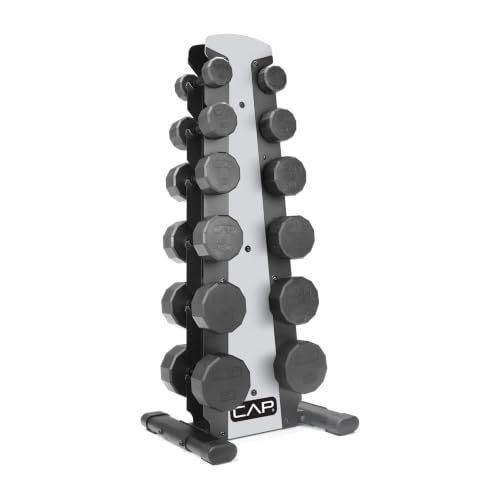 CAP Rubber Coated Hex Dumbbell Set with Storage Rack | 100–210 lb Options, Space-Saving Vertical Compact Storage for Home Gym Strength Training - size: 210 lb - Set - Silver Rack, style: 12-Sided Black Handle