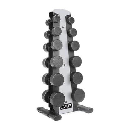 CAP Rubber Coated Hex Dumbbell Set with Storage Rack | 100–210 lb Options, Space-Saving Vertical Compact Storage for Home Gym Strength Training - size: 210 lb - Set - Silver Rack, style: 12-Sided Black Handle
