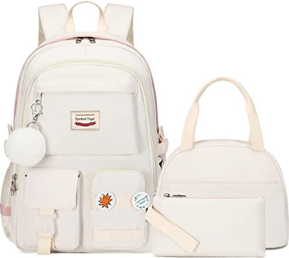 Spotted Tiger School Backpack for Girls Backpack with Lunch Box Anime Bookbag Set School Bag Kawaii Backpacks for Girls Teens (White) - color: White