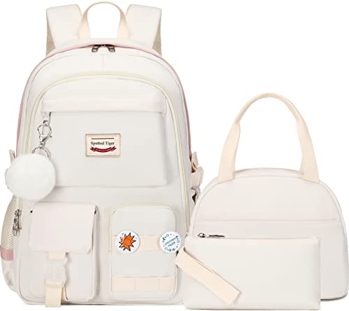 Spotted Tiger School Backpack for Girls Backpack with Lunch Box Anime Bookbag Set School Bag Kawaii Backpacks for Girls Teens (White) - color: White