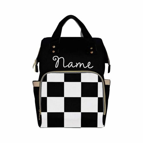 Personalized Diaper Bag with Name, Classic Black and White Checkered Pattern, Monogram Nappy Backpack with Thermal Pockets for Adults Kids, Large Capacity Waterproof Diaper Bag - color: Design-24