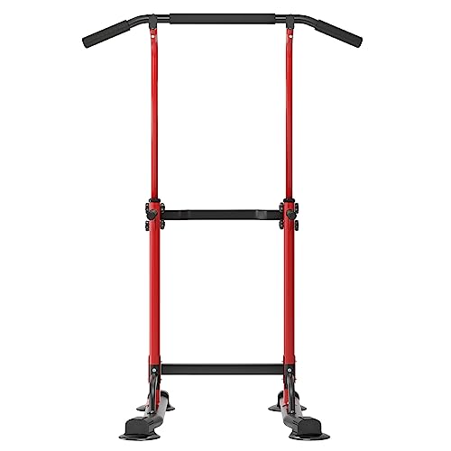 DlandHome Power Tower Pull Up Dip Station Multi-Function Fitness Equipment for Strength Training Adjustable Height Dip Stand for Home Gym - color: Red