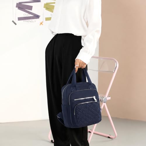 Small Backpack for Women Casual Quilted Square Bag Waterproof Multi Pockets Daypack Lightweight Top Handle Satchel - color: Dark Blue