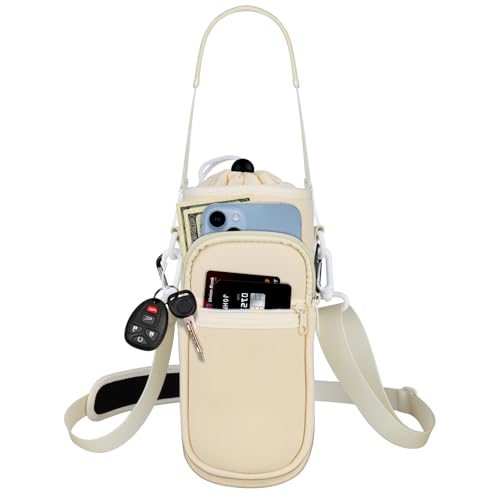 Water Bottle Holder with Strap, Water Bottle Carrier Bag with Phone Pocket, Shoulder Hand Strap Insulated Neoprene 32/40 oz Water Bottle Sleeve for Walking Hiking Camping Gym - color: 2 BEIGE, size: under 32oz