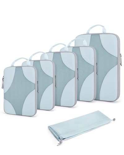 BAGSMART Compression Packing Cubes for Travel, 6 Set/14 Set Compressible Luggage Organizer for Cruise Ship, Lightweight Travel Essentials (1L+2M+2S+Shoe bag+Drawstring bag+Toiletry bag+6Plastic bags) - color: 01-Light Blue, size: 6 Set