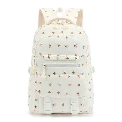 Kids High Middle School Backpack for Girls 5-12 Kawaii Travel Flower Bookbag,Beige Flower - color: Beige Flower