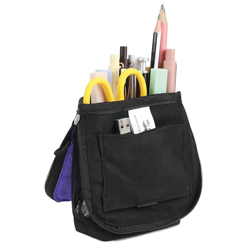 Mr. Pen- Standing Pencil Case Pouch, Sit & Lay Mesh-View Design, Black & Purple, Interior Pocket & 2 Elastic Binder Loops, Cute Pencil Case for Girls and Boys - color: Black & Purple