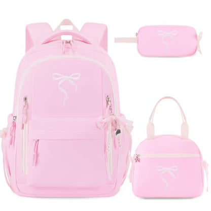 Kids Backpack for Girls - 3PCS Cute Embroidered Bow Girls Backpack with Insulated Lunch Bag & Pencil Case - Bookbag for Teen Women Middle High School College Work Travel Daypack - color: Pink Beige