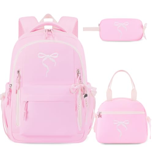 Kids Backpack for Girls - 3PCS Cute Embroidered Bow Girls Backpack with Insulated Lunch Bag & Pencil Case - Bookbag for Teen Women Middle High School College Work Travel Daypack - color: Pink Beige