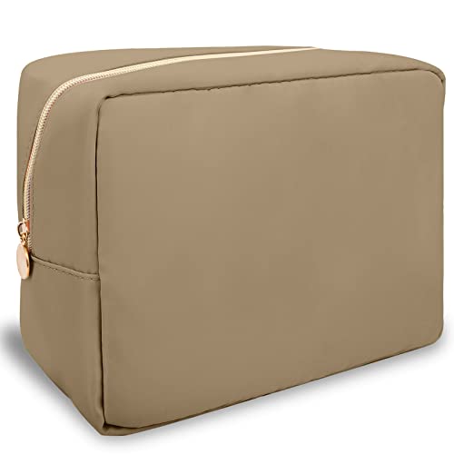 Nylon Large Makeup Bag Travel Pouch for Women, Preppy Big Makeup Bag Cute Cosmetic Zipper Pouch Purse, DIY Chenille Letter Bag Waterproof Toiletry Bag Clutch Make Up Organizer for Women Girls(Khaki) - color: Khaki, size: Large