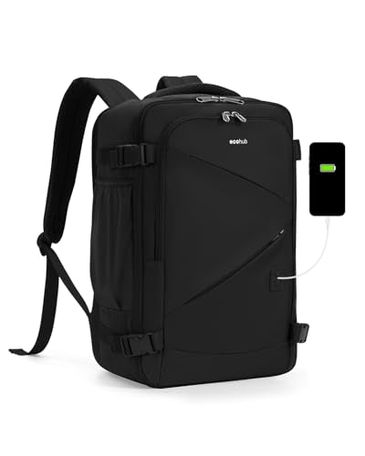ECOHUB 17" Small Unisex Travel Backpack United Airline Approved 17x10x9 Friendly Suitcase Anti-Theft Lockable Zippers Style Personal Item Bag Travel Essentials with 12 Pockets Water Resistant, Black - color: Black, size: 17 inch underseat
