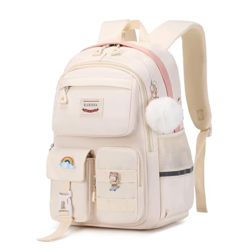 MUSEVOS Girls Backpack for School, Teenage Multiple Pockets Backpack, Bookbag for Primary Elementary High School - color: Beige