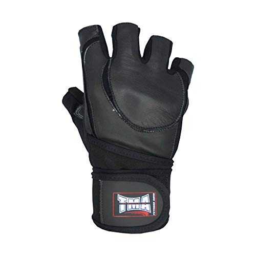 TMA Weight Lifting Gloves for Gym Workout – Cowhide Leather, Long Wrist Support with Anti Slip Palm Protection – Great Grip for Fitness, Bodybuilding, Powerlifting, Strength Training & Exercise - size: X-Large