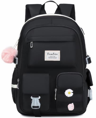 YAMTION School Backpack for Teen Girls,15.6in Laptop Backpack Kids Bookbag for Middle School College Students,Cute School Bag for Women,Black - color: Black