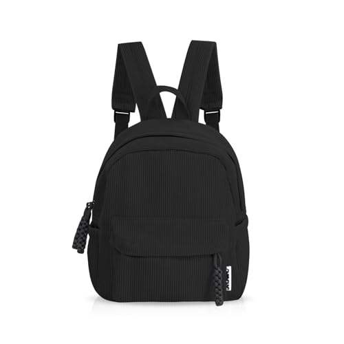Women’s Small Backpack, Ladies Lightweight Corduroy Backpack, Casual Multi Compartments Travel Daypack Purse (Black) - color: Black