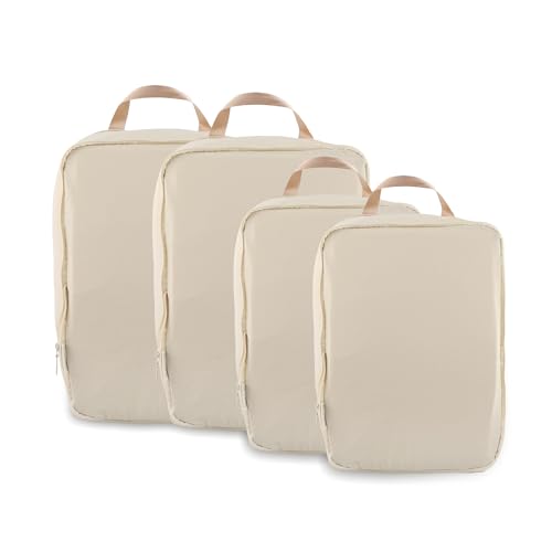4 Set Compression Packing Cubes, Expandable Travel Organizer Bags, Water-Repellent Nylon, Space-Saving Luggage Set for Suitcase, Carry-on, Home Storage (4, Beige, Compression) - color: Beige