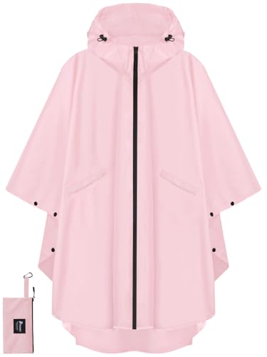 PTEROMY Hooded Rain Poncho for Adult with Pocket and Zipper, Waterproof Lightweight Raincoat for Men and Women - color: Pink