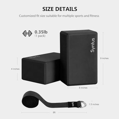 Syntus Yoga Block and Yoga Strap Set, Soft Non-Slip Yoga Blocks 9×6×4 inches, 8FT Metal D-Ring Strap for Yoga, General Fitness, Pilates, Stretching and Toning - color: Black