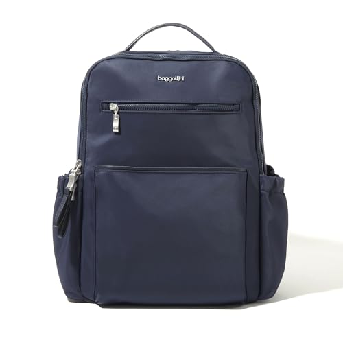 Baggallini Tribeca Expandable Laptop Backpack - 15"x11" Lightweight RFID Computer Bag for Work & Travel with Luggage Sleeve - color: French Navy Twill