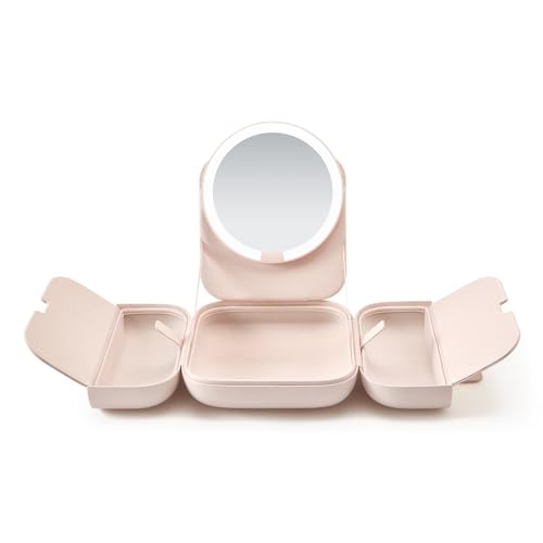 AMIRO M2 Cude Travel Makeup Bag with 5 Level Brightness & 3 Color LED Mirror, Portable Makeup Artist Organizer, Pink