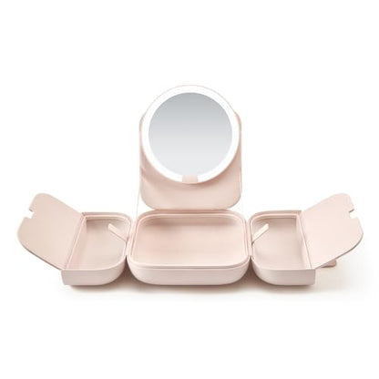 AMIRO M2 Cude Travel Makeup Bag with 5 Level Brightness & 3 Color LED Mirror, Portable Makeup Artist Organizer, Pink