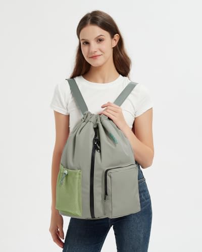 WANDF Drawstring Backpack Sports Gym Bag with Shoes Compartment, Water-Resistant String Beach Sackpack Swim Bag for Women and Men (Dark Green) - color: Dark Green