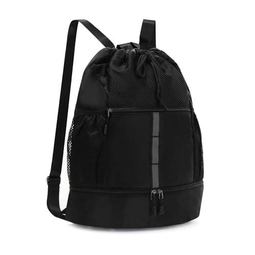 Valleycomfy Drawstring Gym Bag Sports Backpack With Shoe Compartment and Reflective Strips Black - color: Black