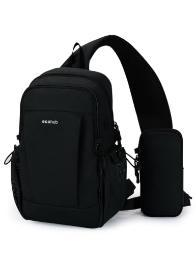 ECOHUB Small Crossbody Bags for Women Men, Anti-Theft RFID Blocking Sling Backpack with Sturdy SBS Zippers Water Resistant Chest Shoulder Bag Daypack with 9 Pockets Travel Work Hiking, Black - color: Small-black