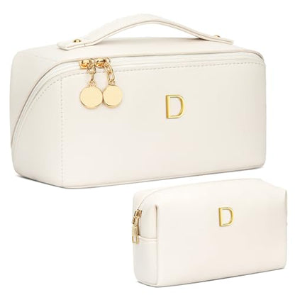 Initial Makeup Bag Personalized Gift for Women Teen Girls - color: Beige, style: D