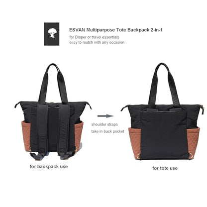 ESVAN Diaper Tote Bag Totepack Backpack 2 in 1 for Women Multifunctional Large Capacity with Insulated Pockets Travel | Multifunctional - color: Black Brown