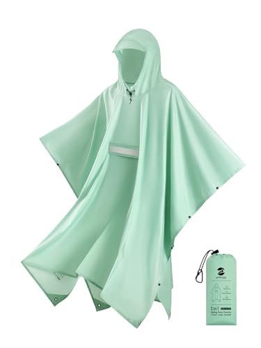 SaphiRose Extra Thick Hooded Rain Poncho Double Layer Waterproof Raincoat Jacket for Men Women Adults - color: Sage Green