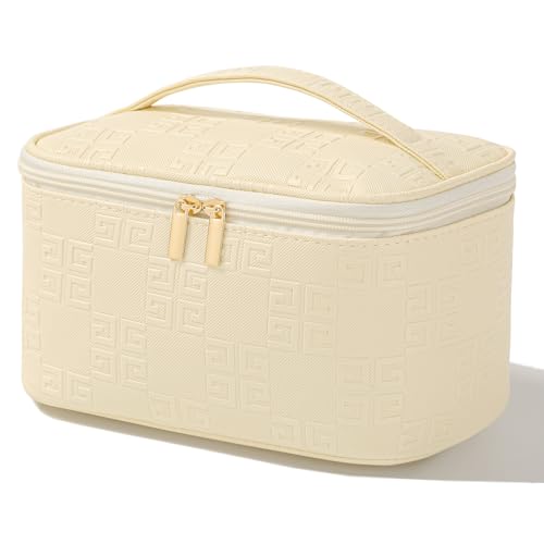 Meiyuuo Makeup Bag Large Cosmetic Bags for Women Girls Cute Travel Zipper Pouch Toiletry Organizer for Beauty Essentials Waterproof (Light Beige) - color: Embossing Beige