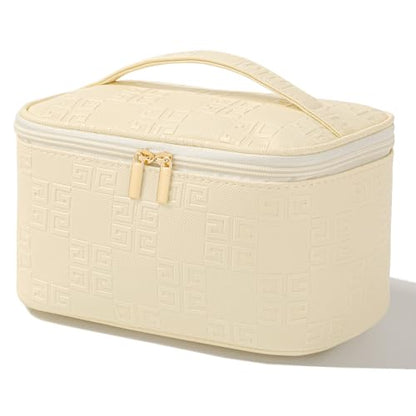 Meiyuuo Makeup Bag Large Cosmetic Bags for Women Girls Cute Travel Zipper Pouch Toiletry Organizer for Beauty Essentials Waterproof (Light Beige) - color: Embossing Beige