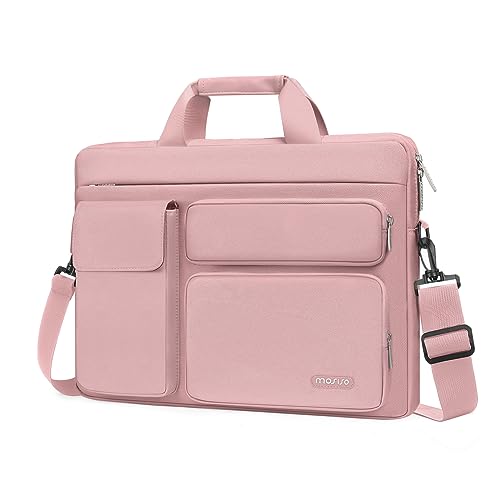 MOSISO Laptop Shoulder Bag 15.6 inch, 15-15.6 inch Computer Bag Compatible with MacBook Pro 16 inch, HP, Dell, Lenovo, Notebook with 2 Raised&1 Flapover&1 Horizontal Pocket&Handle&Belt, Pink - color: Pink, size: 16 inch