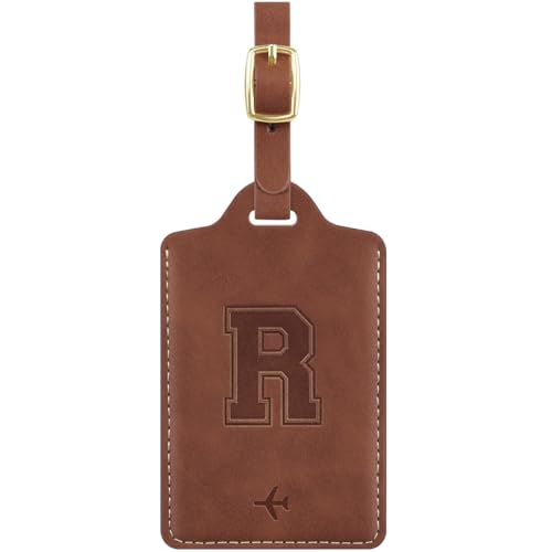 Luggage Tags for Suitcase Embossed Personalized Initial Letter R Travel Tags with 3 Replaceable Name Cards Leather Privacy Bag Tags Travel Essentials Backpack Tags for Women and Men, Brown R - color: Brown, size: R