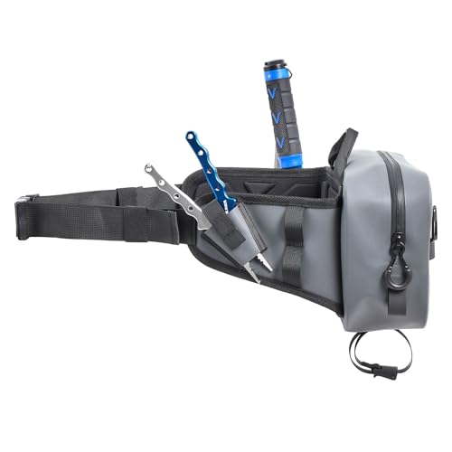 Xelfly Waterproof Fishing Waist Bag with Rod Holder, Padded Waist Straps & Gear Loops - Submersible Zipper, Rugged Top Handle, Adjustable Attachments (Gray) - color: Gray, size: Waist Bag