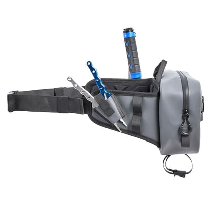 Xelfly Waterproof Fishing Waist Bag with Rod Holder, Padded Waist Straps & Gear Loops - Submersible Zipper, Rugged Top Handle, Adjustable Attachments (Gray) - color: Gray, size: Waist Bag
