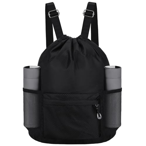Waterproof Drawstring Bag, Lightweight String Backpack with Water Bottle Holder and Pockets, Gym Sports Cinch Sackpack (Black) - color: Black