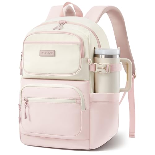 LOVEVOOK School Backpack for Teen Girls & College Students, Large Capacity Laptop Backpack with Water Bottle Holder, Lightweight Bookbag for School, Travel & Everyday Use, Beige-Pink - color: Beige-pink, size: 15.6 inch