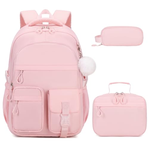 DIGOBAY 3PCS Girls Backpack for School, Kids Backpack for Girls with Lunch Bag Pencil Case, Kids Bookbag Teen Girl Backpacks for Elementary Middle High College School (Pink) - color: Pink
