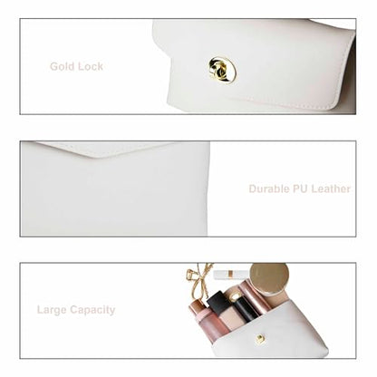 Cosmetic Bag Travel Makeup Pouch Travel Organizer, Zipper Pouch Bags for Women Vegan Leather (No Text, Off White) - color: Off White