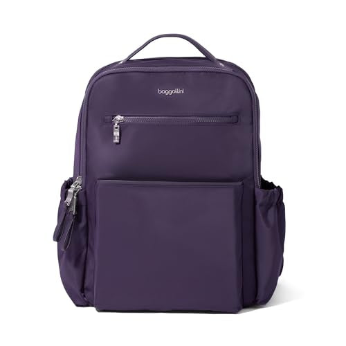 Baggallini Tribeca Expandable Laptop Backpack - 15"x11" Lightweight RFID Computer Bag for Work & Travel with Luggage Sleeve - color: Deep Grape Twill