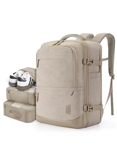 BAGSMART Compression Travel Backpack, 40L Expandable Carry On Backpack with Packing Cubes, Water Resistant Weekender Backpack Fits 17 Inch laptop, Large Overnight Luggage Daypack with Shoe Bag, Khaki - color: Khaki