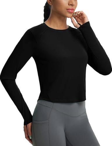 baleaf Women's UPF 50+ Long Sleeve Sun Shirts Crop Rash Guard UV Workout Tops SPF Slim Fit Lightweight Athletic Hiking - color: Black, size: Small