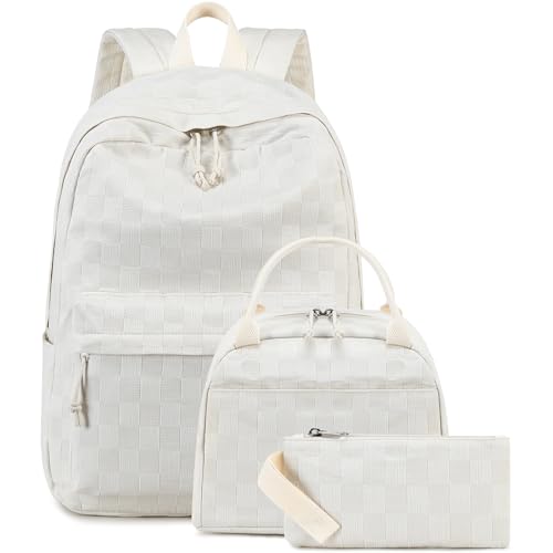 LEDAOU Kids Backpack for Girls Backpacks with Lunch Box, Lightweight Bookbag Set Elementary Middle School Back pack for 8-14 - color: Beige Checkered