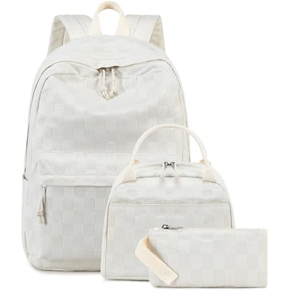 LEDAOU Kids Backpack for Girls Backpacks with Lunch Box, Lightweight Bookbag Set Elementary Middle School Back pack for 8-14 - color: Beige Checkered