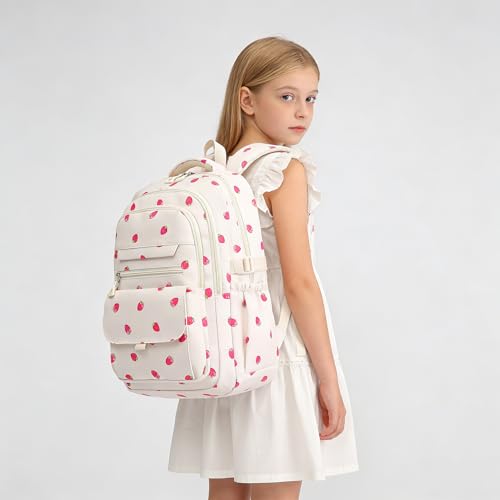 Phaoullzon Girls High Middle School Strawberry Backpack for Kids Kawaii Bookbag College Daypack,Strawberry - color: Beige Strawberry, size: Large (17.5 Inch)