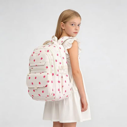 Phaoullzon Girls High Middle School Strawberry Backpack for Kids Kawaii Bookbag College Daypack,Strawberry - color: Beige Strawberry, size: Large (17.5 Inch)