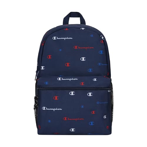 Champion Kids' Merit Backpack with Padded Straps, Water Bottle Pocket and Laptop Compartment for Daily Use, Navy/Champion Red, One Size - color: Navy/Champion Red