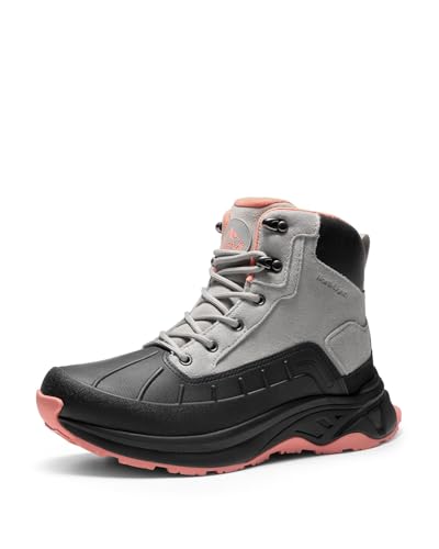 NORTIV 8 Women's Waterproof Hiking Boots Outdoor Trekking Camping Trail Hiking Boots - color: Light Grey/Pink, size: 9.5
